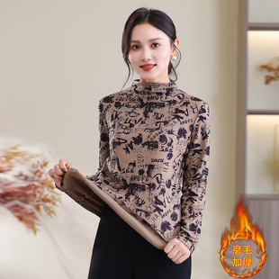 中老年女秋衣妈妈半高领印花大码打底衫女长袖上衣绒衣老人保暖衣