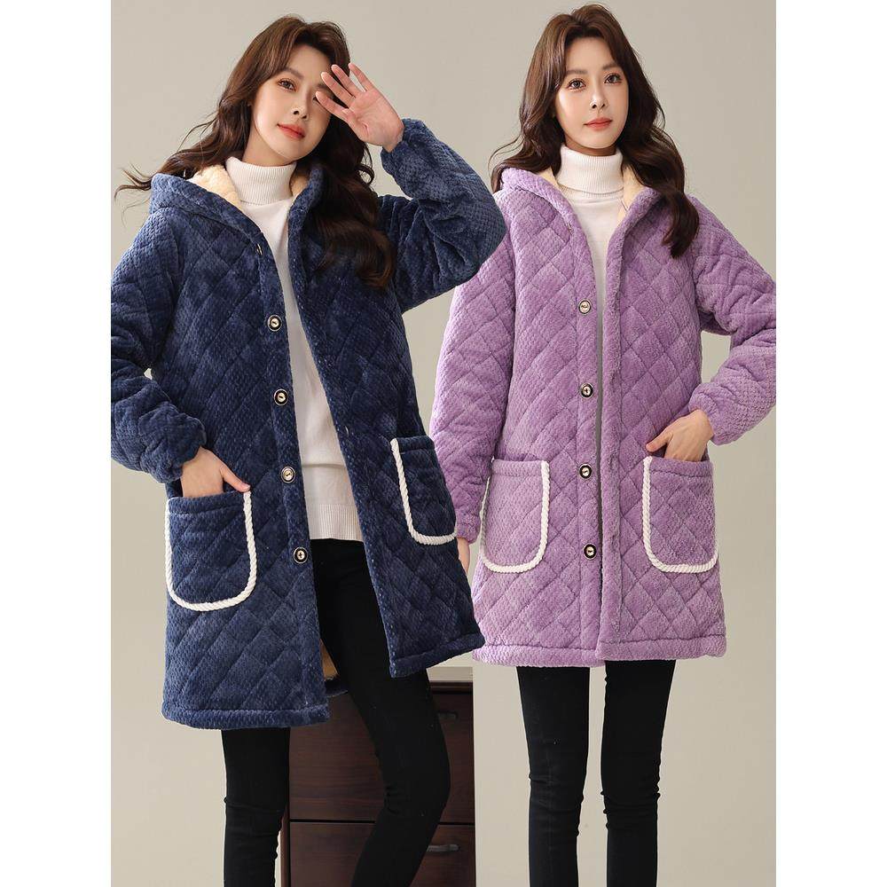 冬季三层加厚法兰绒夹棉加绒棉衣女士中长款连帽特厚家居服棉服女