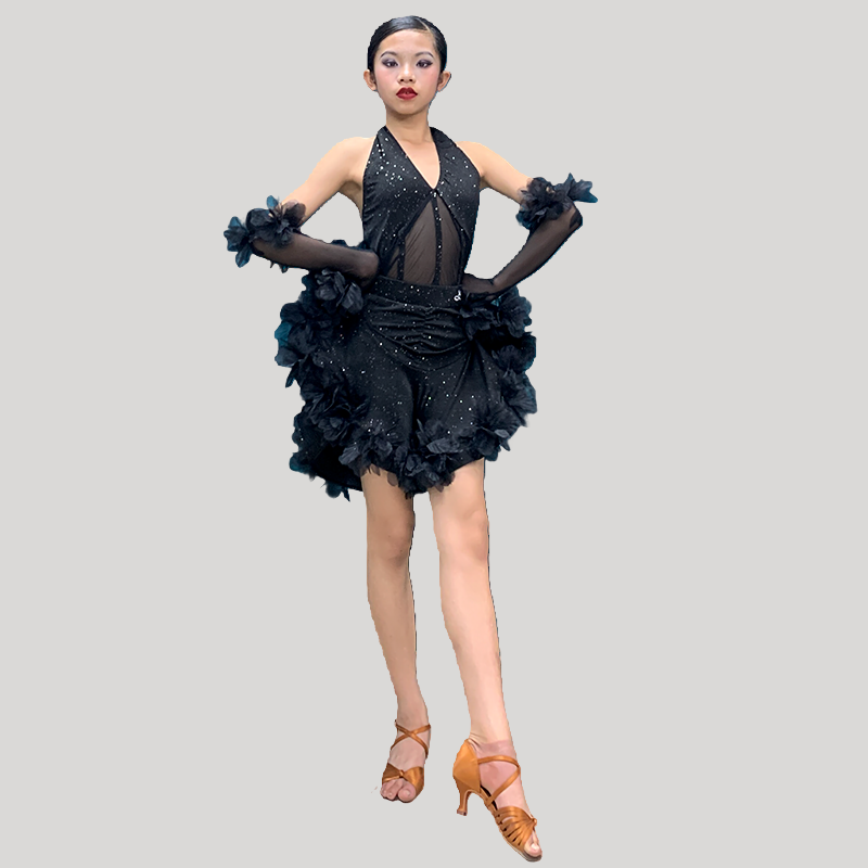 2025新款拉丁舞比赛花服女专业艺考舞蹈裙高级亮片表演舞服考级裙