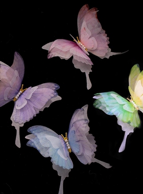 春夏仙气蝴蝶发夹11cm薄纱大蝴蝶多层超仙款紫蓝色发饰发夹戒指款