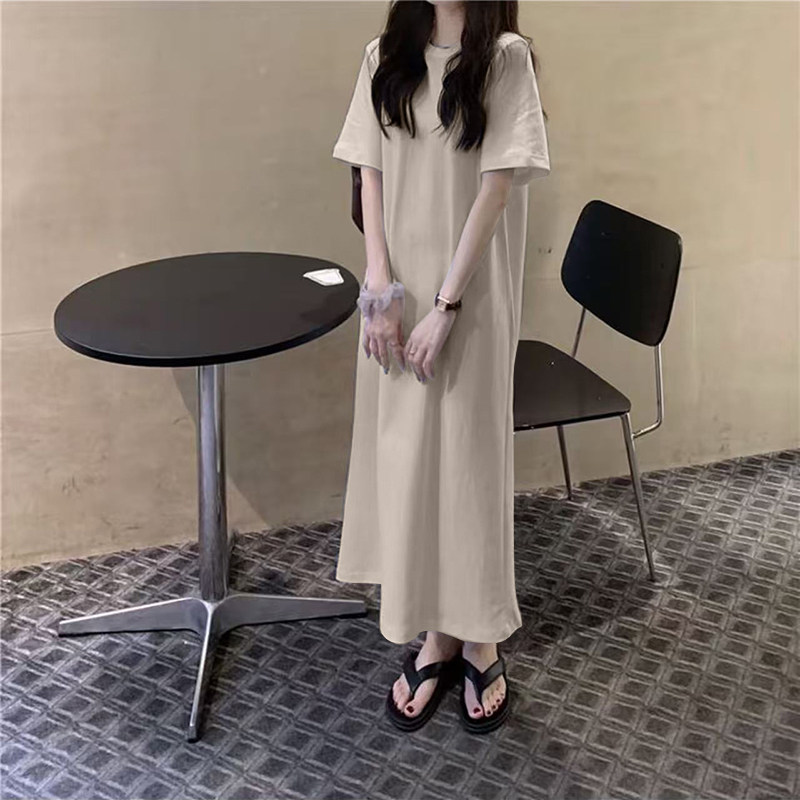 时尚长款短袖t恤群女士夏季新款纯棉宽松遮肚显瘦洋气百搭连衣裙