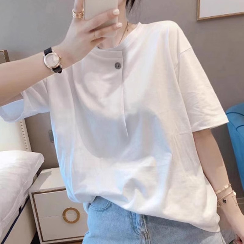 白色纽扣设计感短袖t恤女夏季
