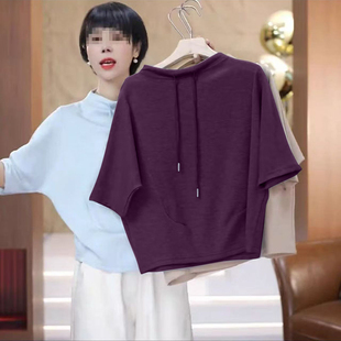 今年流行的薄款半袖卫衣女夏装半高领宽松大码显瘦短袖t恤上衣