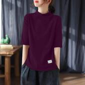 纯色套头宽松显瘦上衣全棉半高领半袖 100%纯棉新款 春夏韩版 t恤女