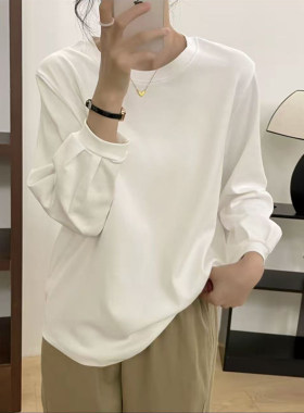 白色纯棉灯笼袖长袖t恤女春秋