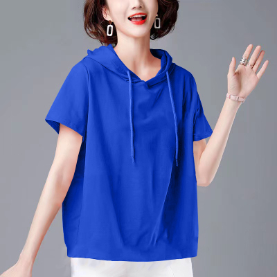 克莱因蓝纯棉连帽短袖t恤女夏季