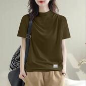 半高领纯棉短袖 上衣潮 宽松显瘦洋气减龄半袖 t恤女2025夏季 新款