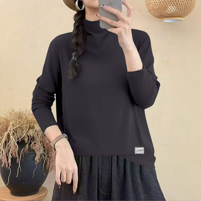 纯棉半高领长袖t恤女士春秋新款