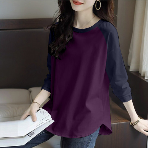 拼接撞色纯棉长袖t恤女春秋新款