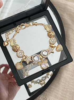 潘家跨境欧美金色水晶米奇爱心手链女 可调节diy串珠手串跨境爆款