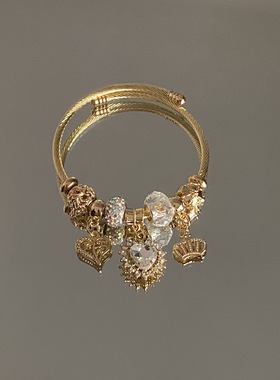 跨境热销潘家不锈钢手镯女潮时尚甜美高级感水钻爱心挂件串珠手链