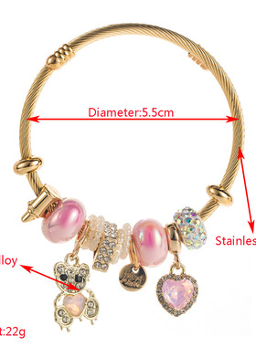 跨境热销潘家不锈钢手镯时尚甜美水钻爱心小熊挂件高级感串珠手链