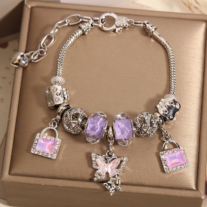 潘家风格手链女网红森系小众轻奢紫色琉璃珠可爱蝴蝶吊坠手串手环