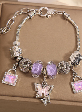 潘家风格手链女网红森系小众轻奢紫色琉璃珠可爱蝴蝶吊坠手串手环