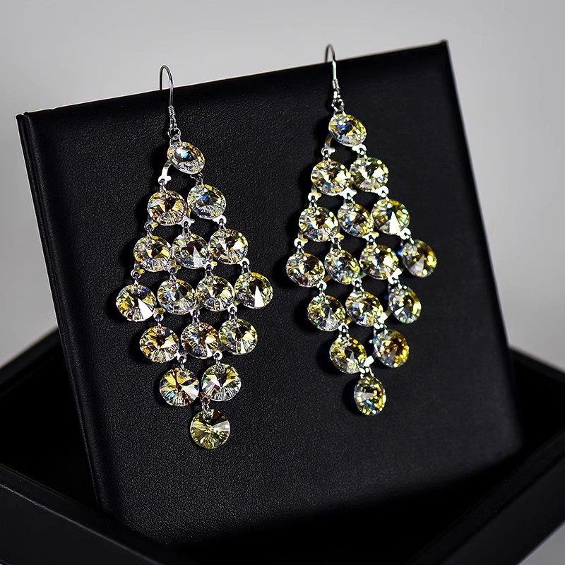 烟花易冷2024新款人造水晶耳环长款水滴仙女风耳饰民族复古耳坠