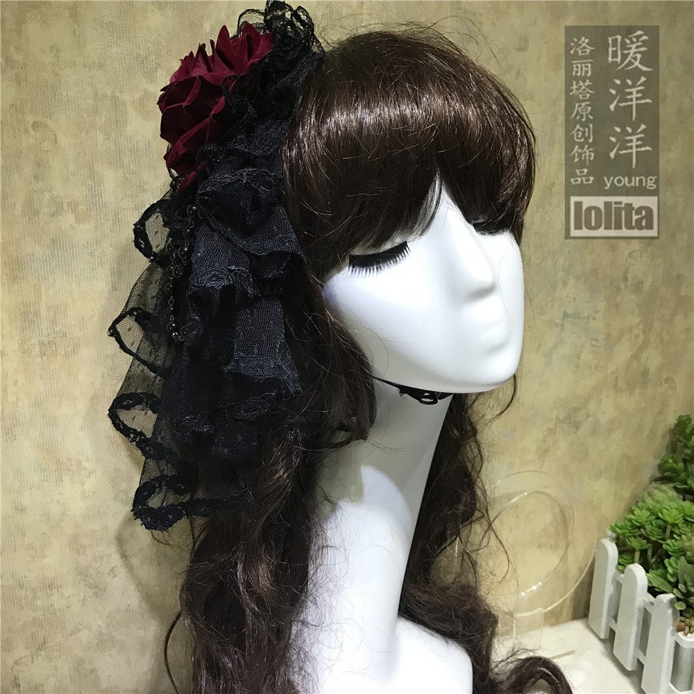 thumbnail for Original heavy work Dark Gothic Lolita lolita black and white flower pill headdress rose married Loli hat hair accessories