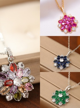 欧美时尚个性镀金镶嵌红刚玉花朵吊坠项链锁骨链女高级感