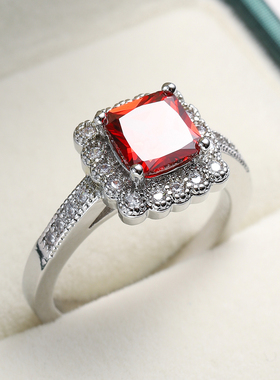 欧美轻奢方形红色白金女戒百搭