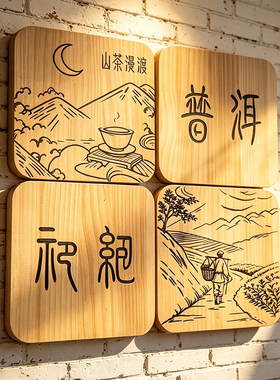 新中式实木茶室背景墙雕刻挂画