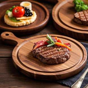 披萨板实木圆形托盘木牛扒托盘面包板乌檀木牛排盘西餐盘水果茶盘