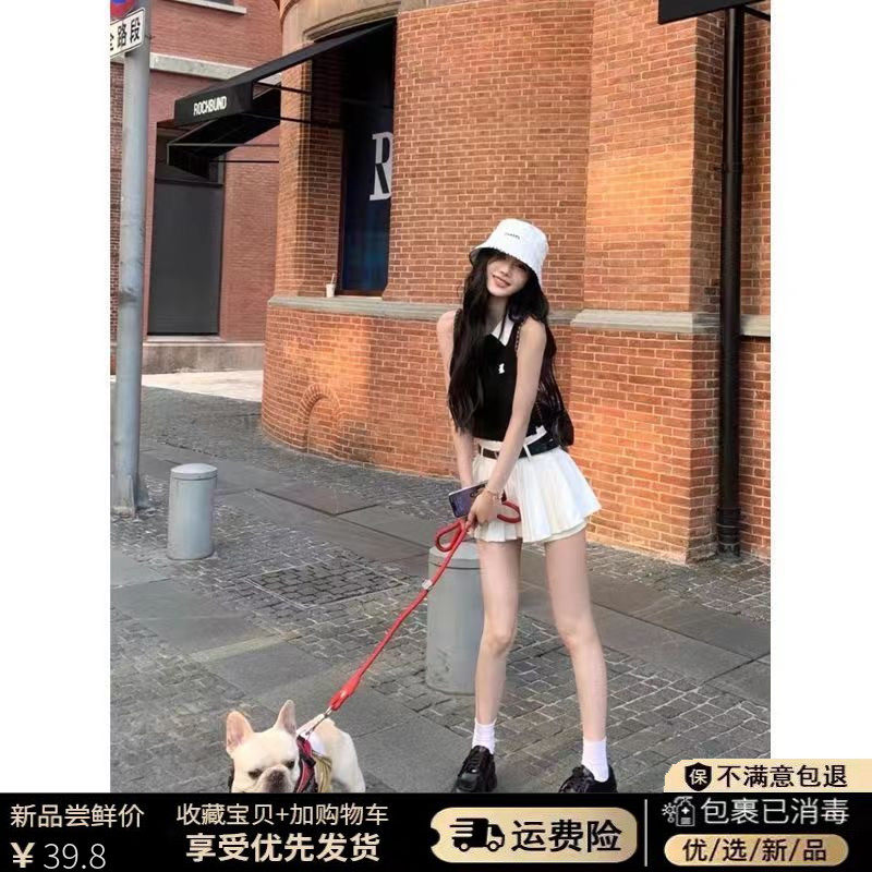 学院风气质撞色刺绣上衣女夏季新款设计感修身polo领无袖针织T恤