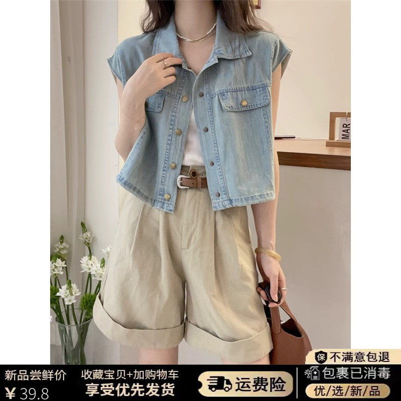 复古牛仔短袖衬衫外套女夏季polo领单排扣宽松百搭飞飞袖马甲上衣