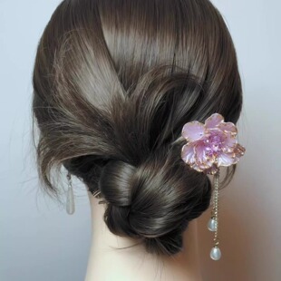 牡丹细语~珍珠紫色花朵流苏发簪新中式古风发钗女后脑勺U型簪子