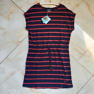 韩国直邮小熊条纹连衣裙女 宽松收腰抽绳休闲圆领中长裙酒红 夏季