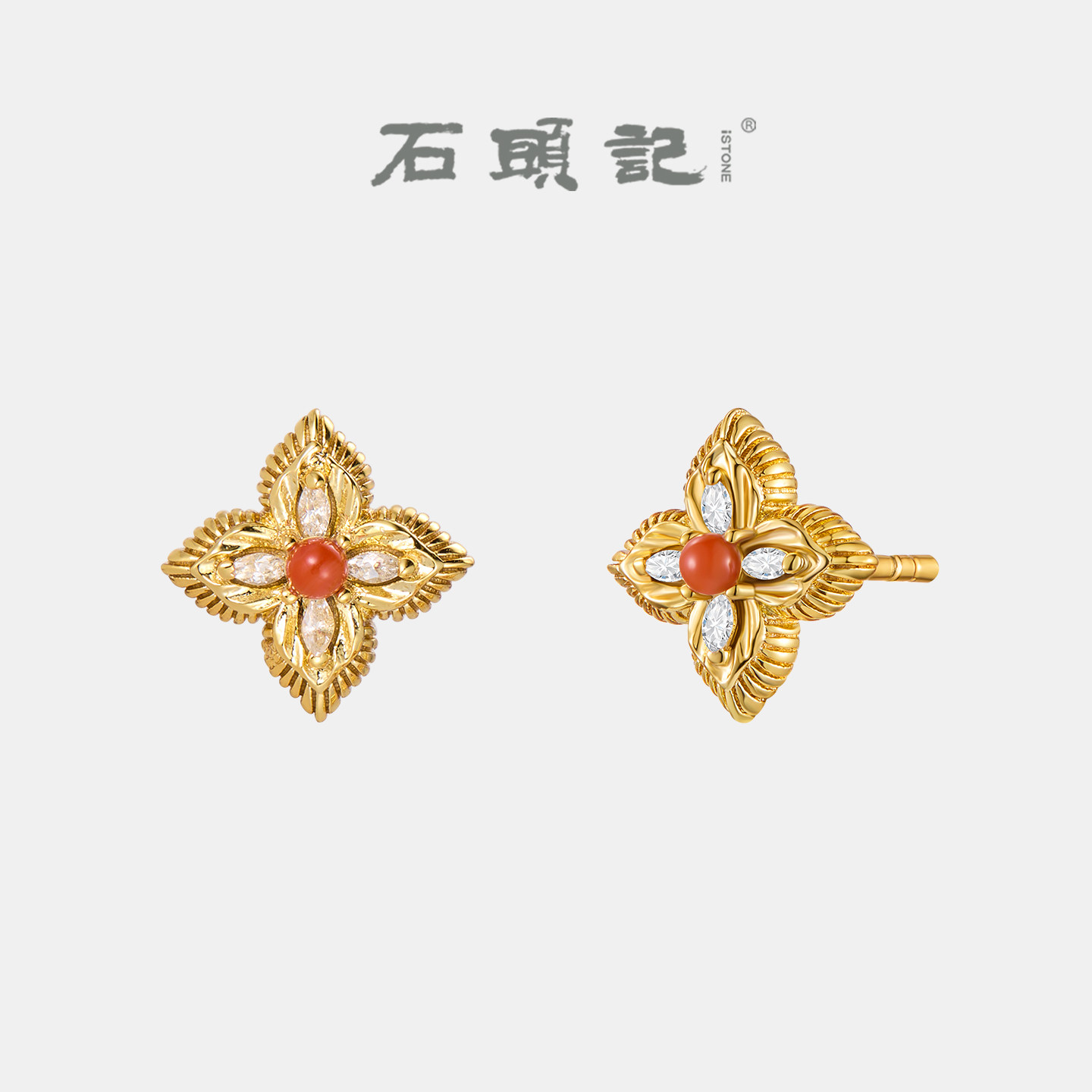 iSTONE/石头记南红花丝耳钉女金色四叶草精致本命年耳饰新年礼物,饰品/流行首饰/时尚饰品新,耳饰,淘宝优惠券,粉丝福利购,淘宝优惠卷