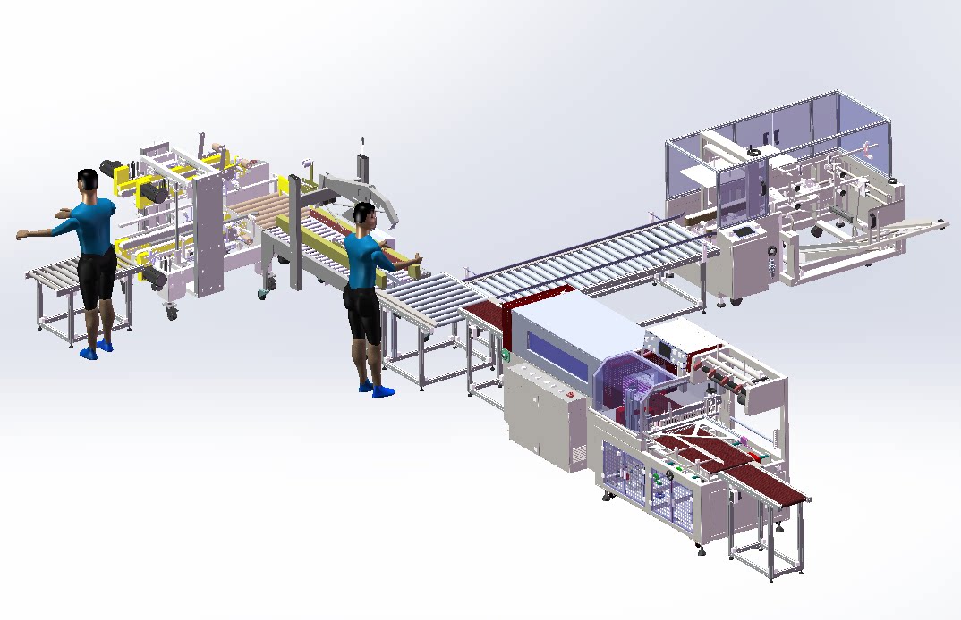 自动化包装方案3d图纸模型/边封收缩开箱折盖封箱角边封箱人工