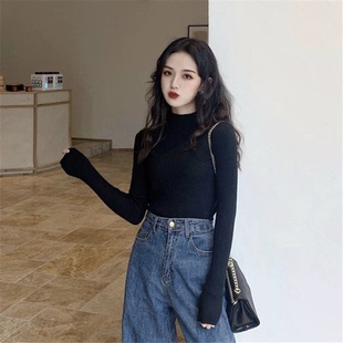 蒛一法式黑色半高领打底衫女秋内搭正肩针织衫修身高级感中领毛衣