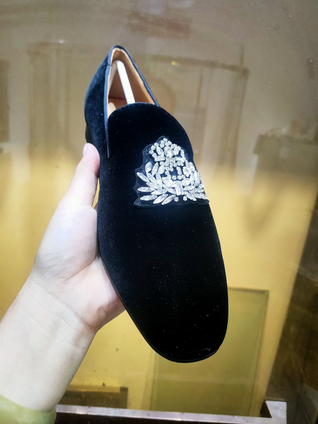 AGZ CL欧美新款水钻奥钻男鞋低帮皮鞋真丝绒红底单鞋时尚潮流皮鞋