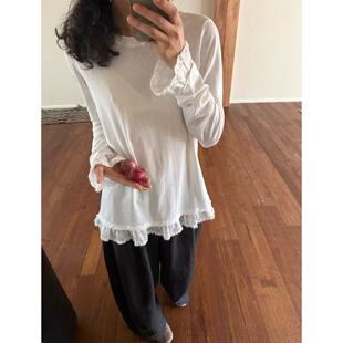 野梨树下 T恤上衣 米白色亚麻棉拼接苎麻花边圆领长袖