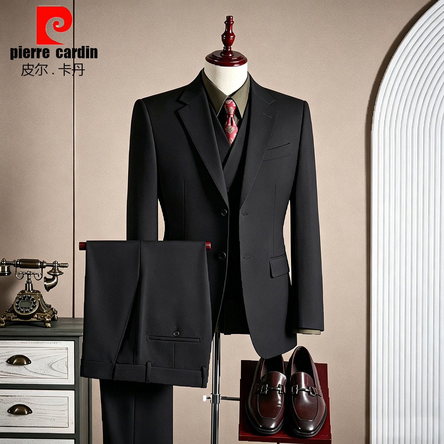 皮尔卡丹男士黑色西服套装商务休闲正装职场通勤婚礼服轻奢两件套