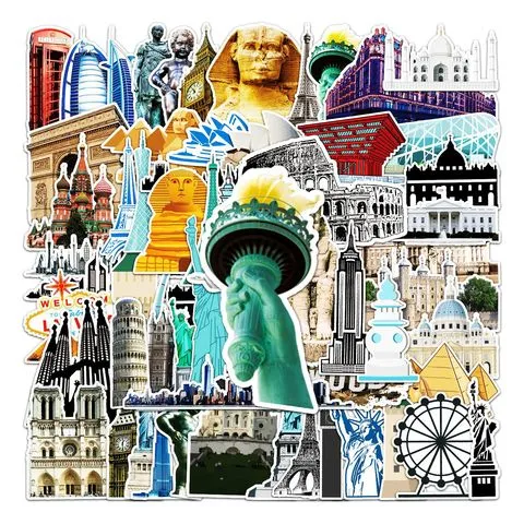 防水自行车贴纸64地标装饰不重复张汽车行李箱建筑滑板车