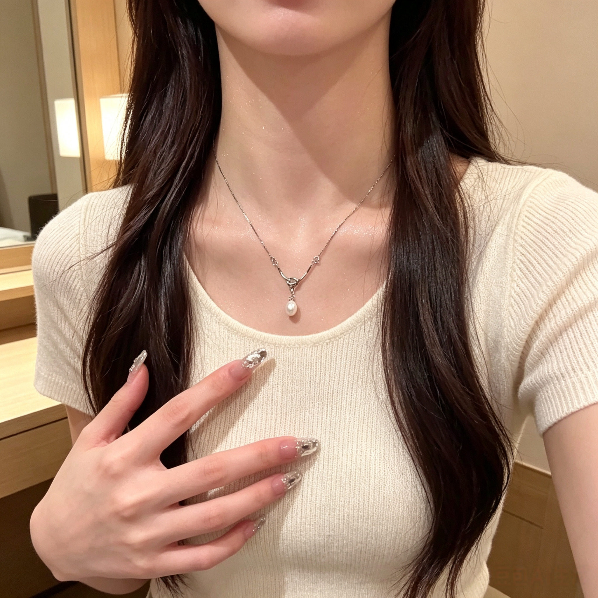 钛钢不掉色水滴珍珠锁骨链