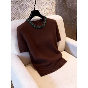 复古高级感圆领针织衫轻奢烫钻上衣减龄短袖套头毛衣2026年早春女