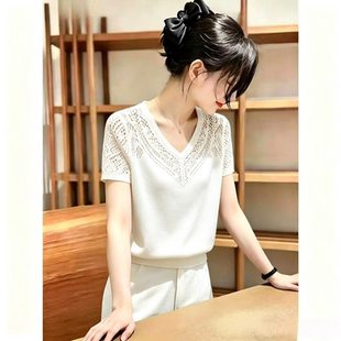 胖MM复古chic洋气V领短袖针织衫女夏季新款超好看镂空显瘦上衣