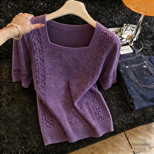 超好看爆款 胖MM复古chic洋气方领短袖 新款 女夏季 显瘦上衣 针织衫