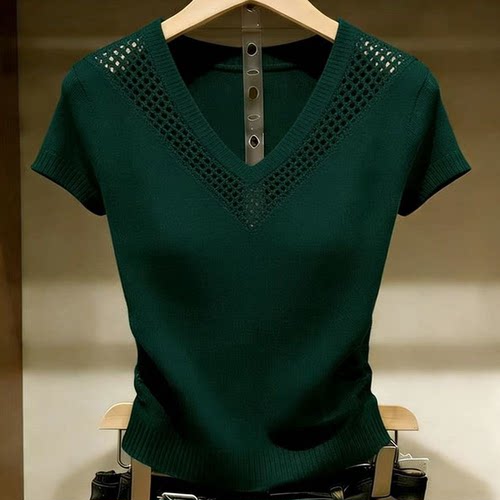胖MM复古chic洋气v领短袖针织衫女夏季新款超好看镂空显瘦上衣