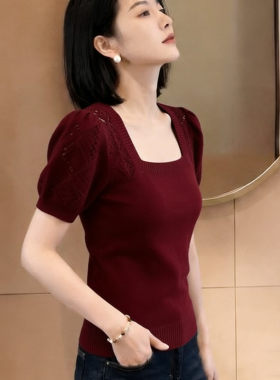 胖MM复古chic洋气方领短袖针织衫女夏季新款超好看镂空显瘦上衣