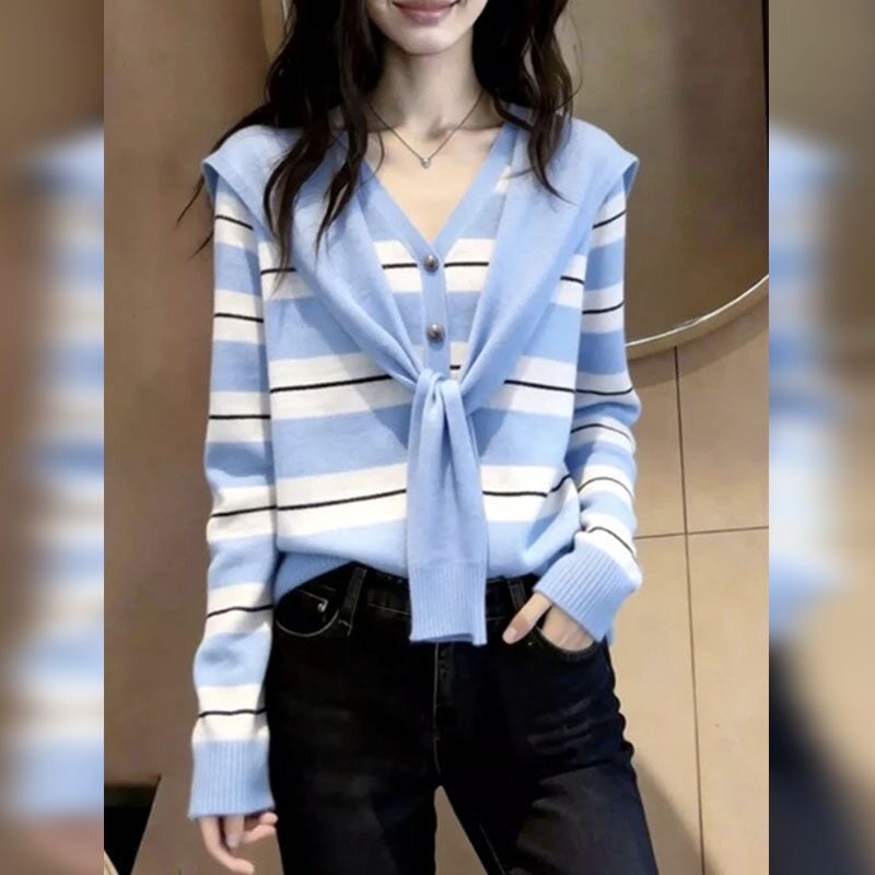 胖MM针织开衫假两件女春秋新款V领长袖上衣轻奢高级感条纹毛衣女图片