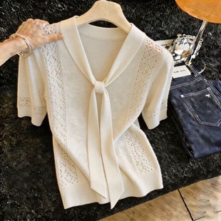 超好看爆款 胖MM复古chic洋气系带短袖 新款 女夏季 显瘦上衣 针织衫