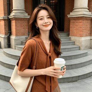胖MM针织衫女薄款系带V领冰丝短袖上衣轻奢风高级感t恤超好看套头