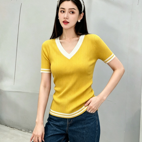 胖MM针织衫女夏撞色短袖修身短款上衣休闲风高级感t恤超好看套头