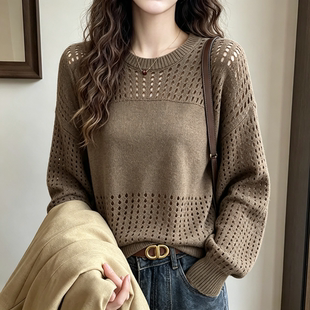 大码女装2026秋季新款慵懒风圆领针织衫洞洞肌理小众设计遮肉上衣