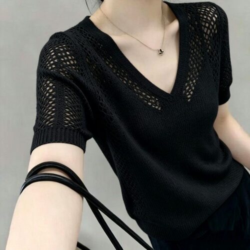 2026新款胖MMV领针织衫女夏薄款短袖镂空上衣轻奢风高级感t恤套头