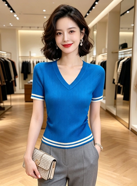 2026夏季新款设计感V领修身针织衫上衣女士短袖高级感蓝色T恤衫