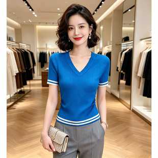 2026夏季新款设计感V领修身针织衫上衣女士短袖高级感蓝色T恤衫