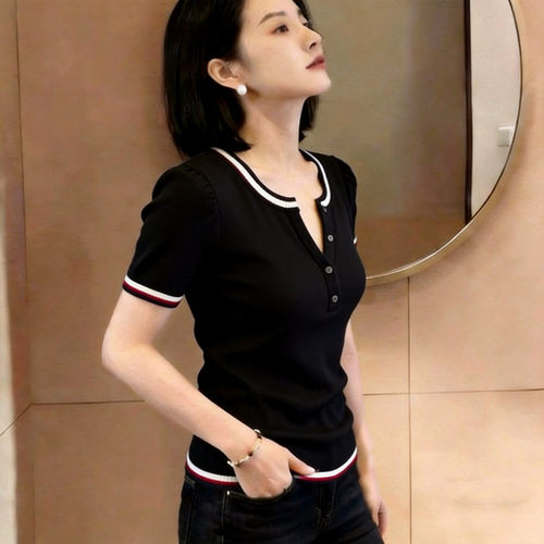 胖MM复古chic洋气圆领短袖针织衫女夏季新款超好看修身显瘦上衣